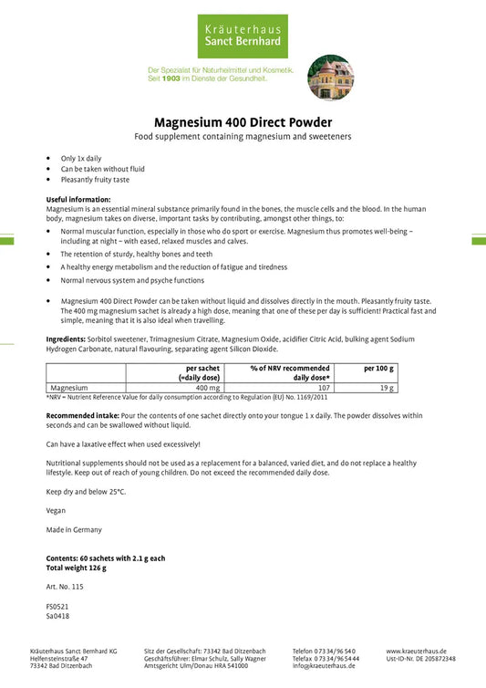 德國Sanct Bernhard 400mg 鎂即溶粉劑紅莓味 | 60包