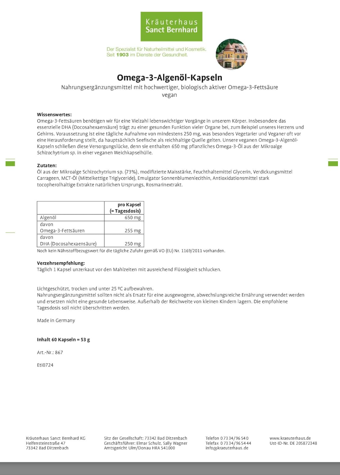 Sanct Bernhard Omega-3 Algae Oil Capsules, Vegan, 650 mg Vegetable Omega-3 Oil, 60 Capsules