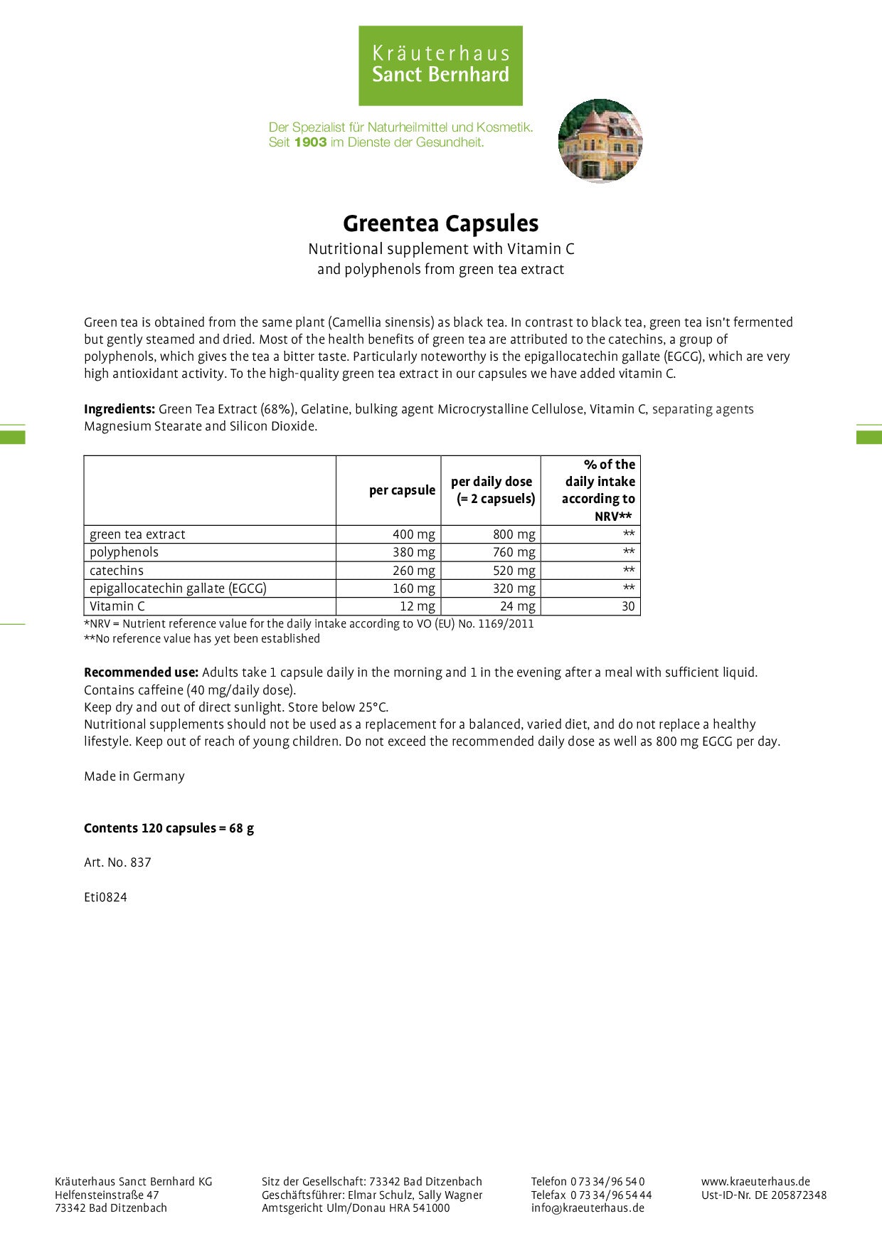 德國Sanct Bernhard 400mg 綠茶兒茶素 | 120粒