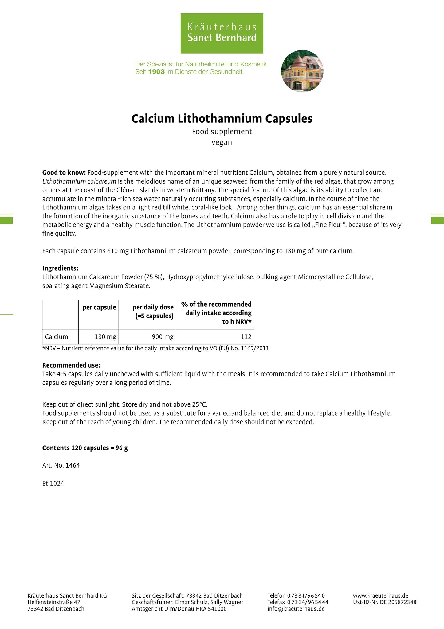 Sanct Bernhard Calcium Lithothamnium Capsules 120 caps