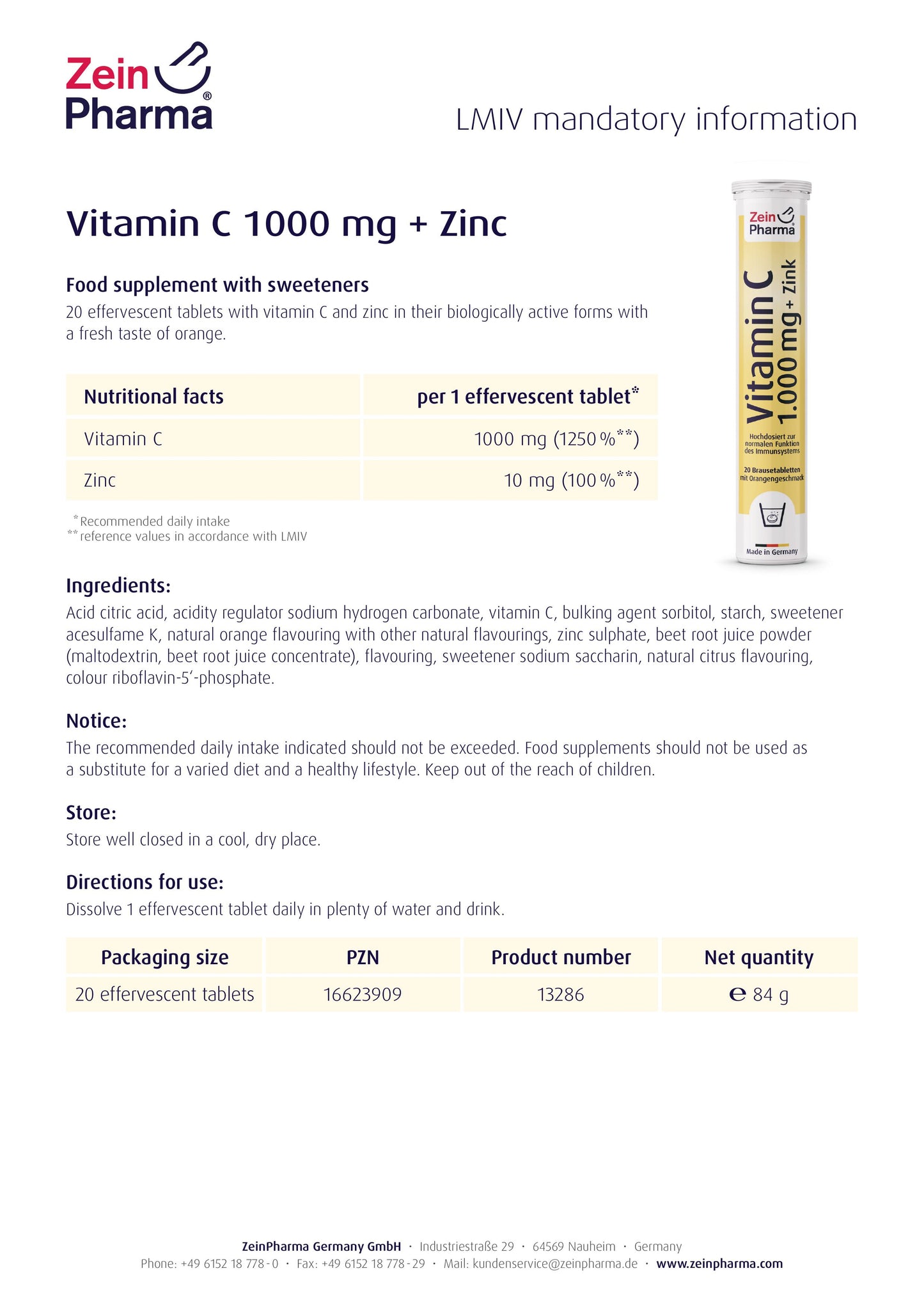 Zein Pharma 維他命C水溶性片1000mg + 鋅