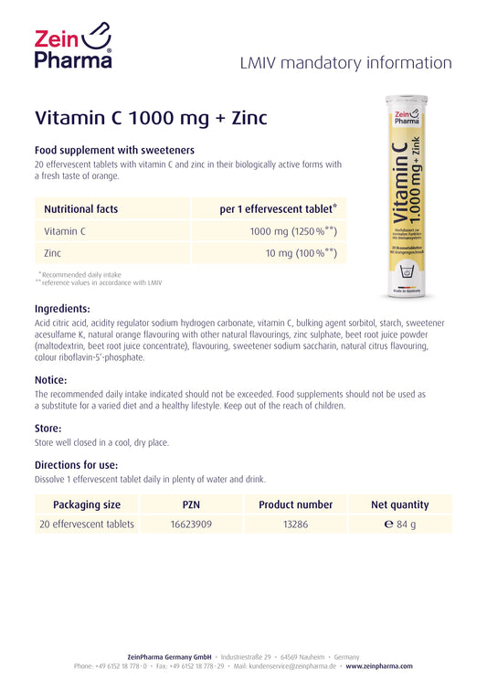 Zein Pharma 維他命C水溶性片1000mg + 鋅