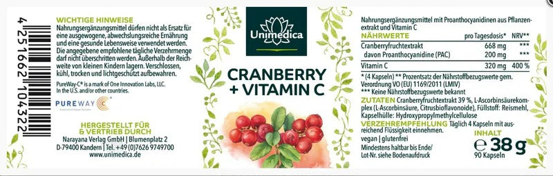 Unimedica - 蔓越莓萃取 + 維生素C | 90粒純素膠囊